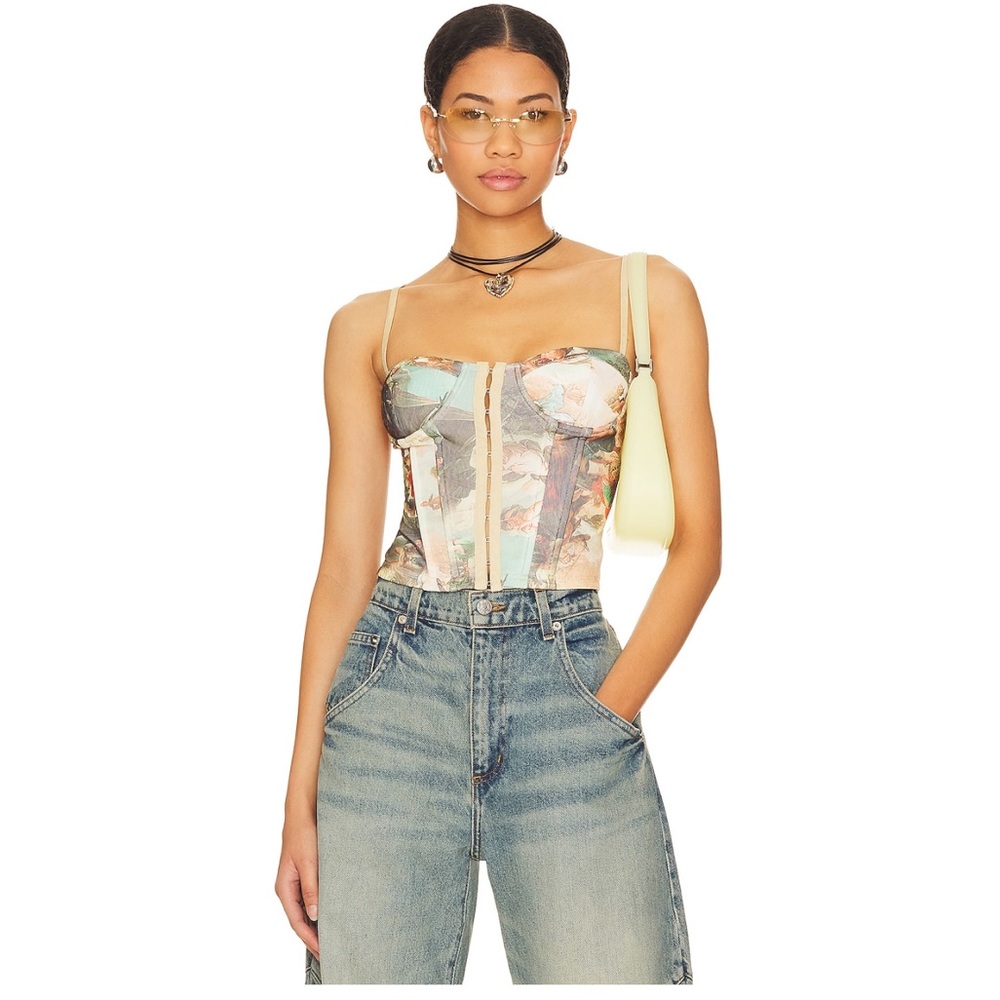 Superdown Floral Bustier Top in Cream and Blue